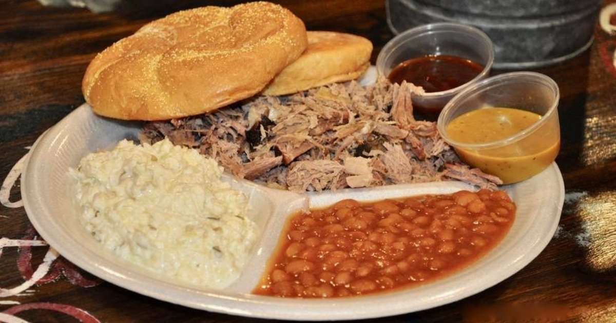 Chopped pork with potato salad and baked beans from The Pig BBQ